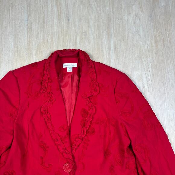 Christopher Banks Red Floral Embroidered Ruffle Trim Button Blazer Jacket XL - Picture 2 of 15